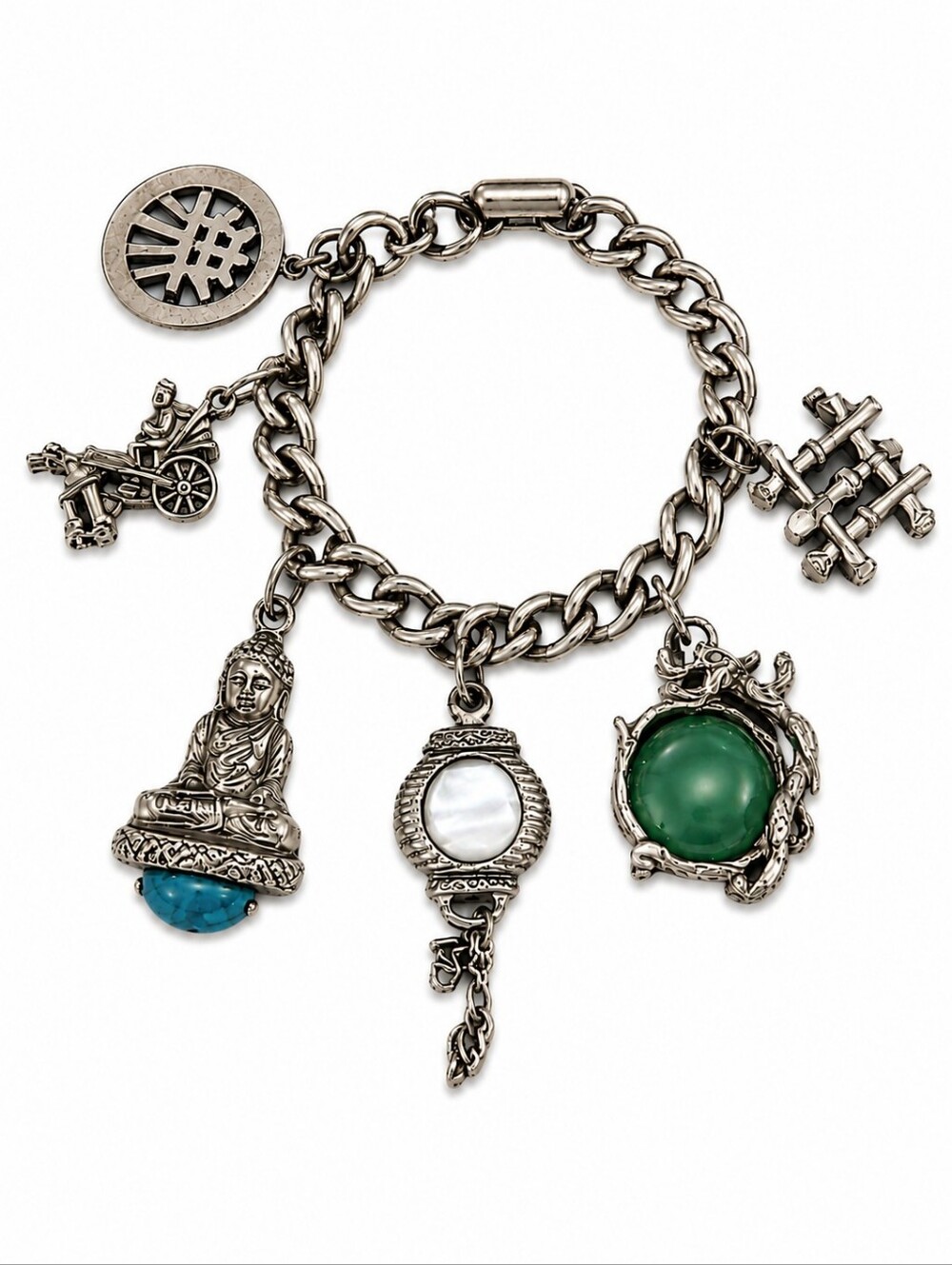 VTG 1960's Asian Theme Buddha Fob Charm Bracelet